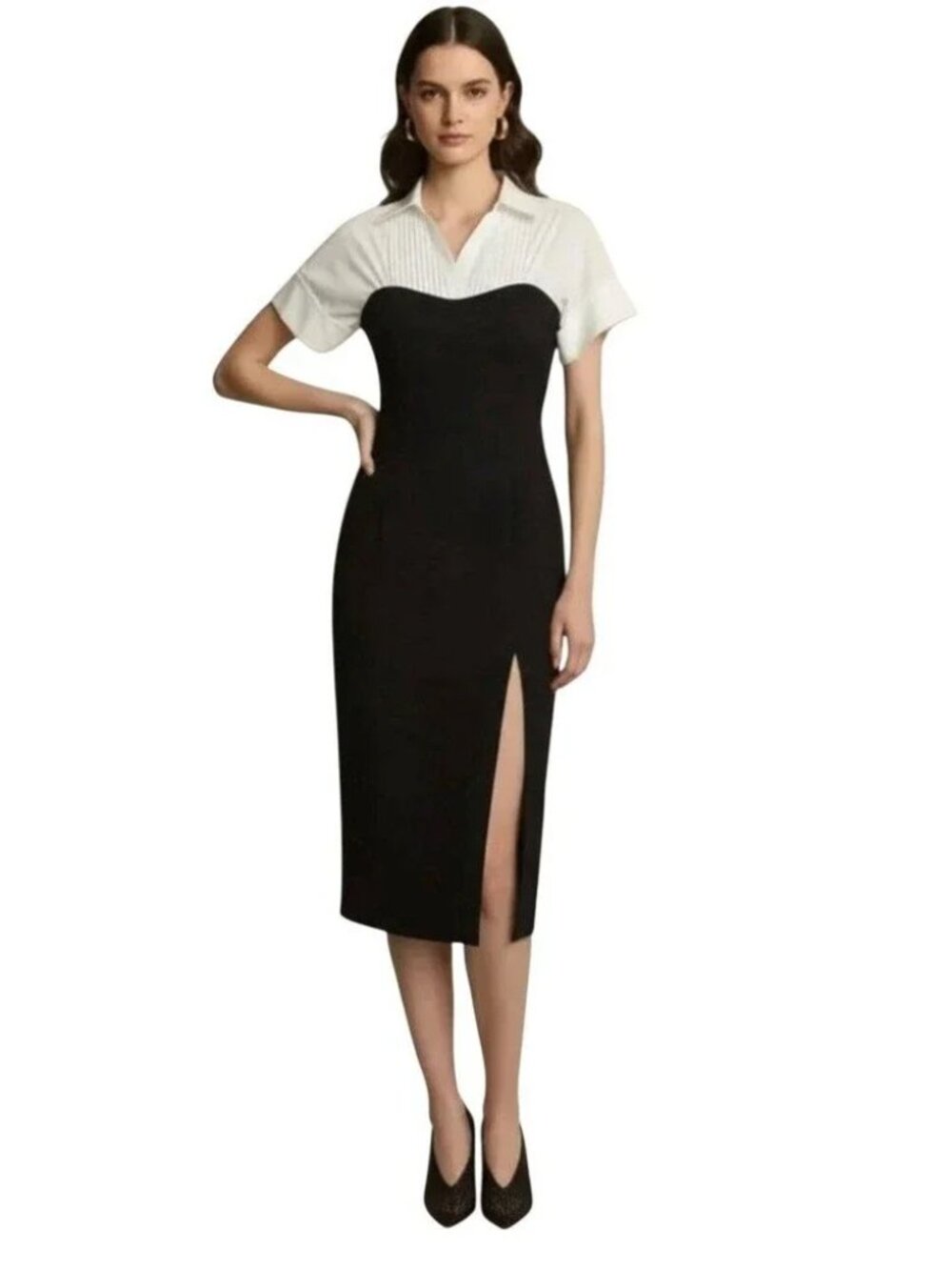 TOCCIN Collared Jasmine Midi Shirt Dress Corset top Black Ponte & White Poplin